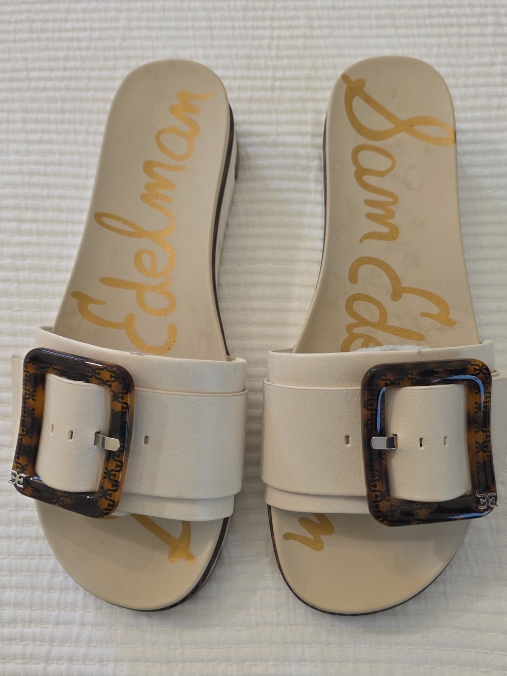 Sam Edelman Cream Slide Sandals with Tortoiseshell Buckle